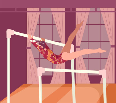 Young gymnast performs flip jump on horizontal bar in gym. Competitions in gym. Gymnast performing exercise on competitions. Flat vector illustration in cartoon style in red colors