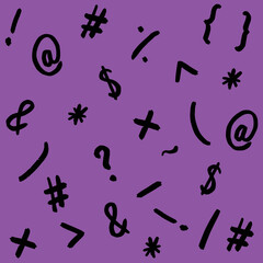 pattern with the image of keyboard symbols. Punctuation marks. Template for applying to the surface. violet purple background. Square image.