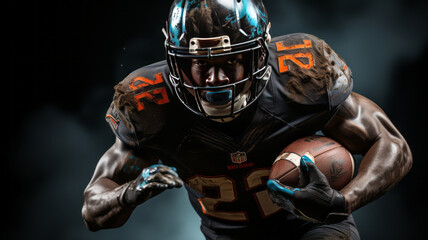 American football sportsman player runing on black background generative ai