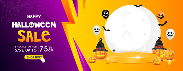 Halloween promotion special offer sale 75% off campaign. Template design for social media with blank product podium scene. Pumpkins ghost balloon moon on orange purple background. 3D Vector.