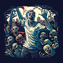 Zombies attacking t-shirt design, vector illustration.