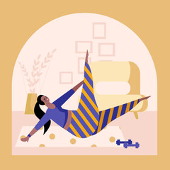 American sporty female performing exercise for legs on mat at home. Active life for young people. Exercise with sports equipment concept. Flat vector illustration in yellow and purple colors