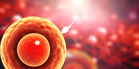 Horizontal banner with spermatozoon, floating to ovule. The moment of fertilization of an egg with a sperm. 3d render - obrazy, fototapety, plakaty