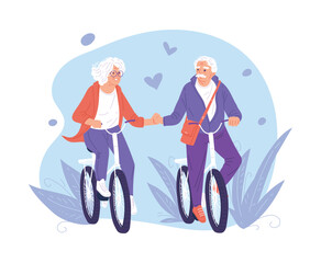 Cartoon grandparents riding a bike and holding hands, happily actively spend time together, vector poster on blue floral