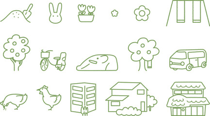 保育園、幼稚園で使える園庭や登園の様子を伝えるアイコン　セット　イラスト素材
