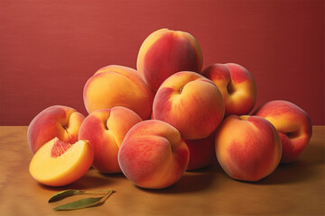 Fototapeta na wymiar Peaches on a wooden table with copy space for your text.