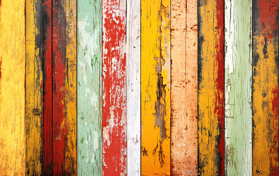 Texture of vintage wood boards with cracked paint of white, red, yellow and light green color. Horizontal retro background with old wooden planks of different colors