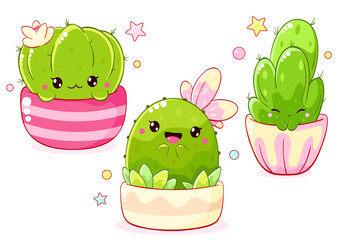 Set of stickers in kawaii style. Collection of cute cartoon cactus in flowerpot. Vector illustration EPS8  