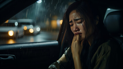 photograph of Asian woman is alone in car at the night. She is stressed and crying generative ai - obrazy, fototapety, plakaty
