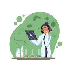 Young female holding tablet and looking at results. Study and testing of product in laboratory space. Analysis and testing in laboratory. Flat vector illustration in green colors