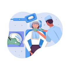 Patient lies on couch, male doctor in uniform and protective hat standing near and performs dental examination. Dental treatment in dental clinic concept. Flat vector illustration in cartoon style
