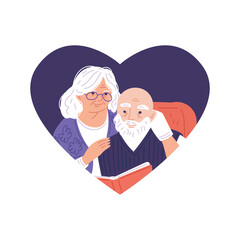 Cartoon grandparents lovely hugging and read book, happily spend time together vector doodle illustration in heart shape