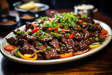 Delicious Chinese Szechuan beef served with rice.  Generative AI