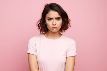 Naklejka premium photograph of Photo of unhappy young woman bad mood irritated problem raise eyebrow isolated on pink color background