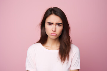 photograph of Photo of unhappy young woman bad mood irritated problem raise eyebrow isolated on pink color background