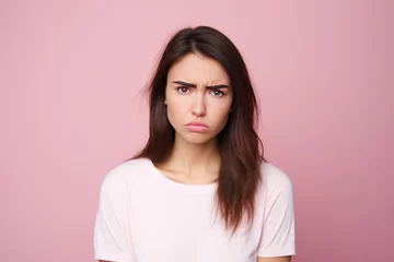 Foto op Canvas photograph of Photo of unhappy young woman bad mood irritated problem raise eyebrow isolated on pink color background © JKLoma