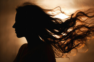 Naklejka premium photograph of Silhouette of woman's head with waving hair, back light. generative ai