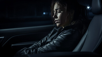 photograph of woman is alone in car at the night. She is stressed and crying generative ai - obrazy, fototapety, plakaty