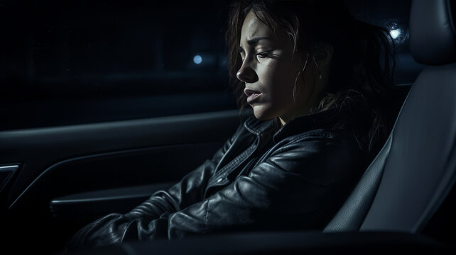 photograph of woman is alone in car at the night. She is stressed and crying generative ai
