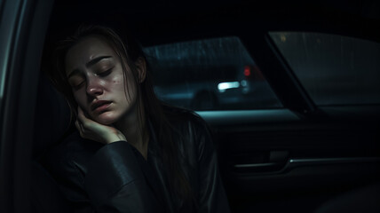 photograph of woman is alone in car at the night. She is stressed and crying, generative ai