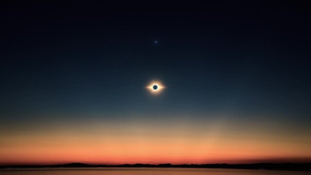 Solar eclipse totality moment as moon covers sun and earth darkens then light returns