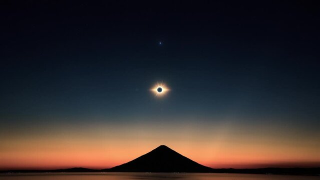 Solar  elipse and moment of totality above solitude mountain peak, wide angle blue hour