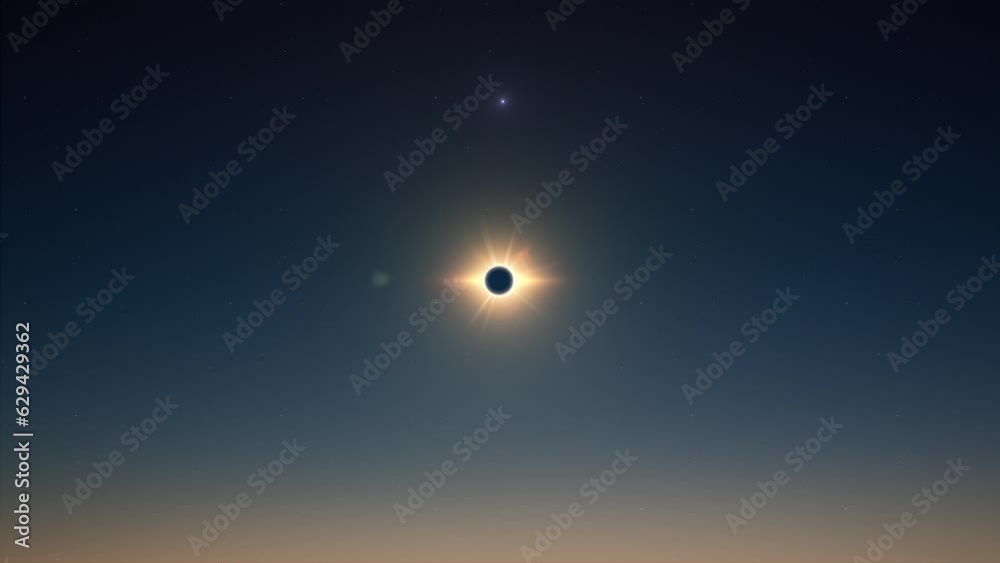 Wall mural super wide angle view of total solar eclipse moment and star beam flare of light on moon