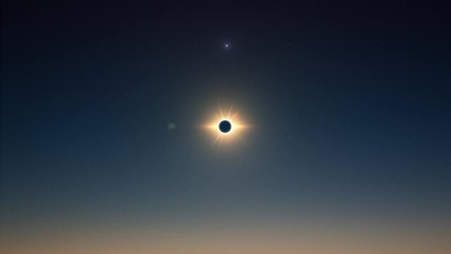 Super wide angle view of total solar eclipse moment and star beam flare of light on moon