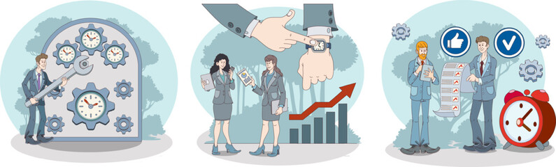 Male holding wrench and repairing clock mechanism. Ladies discuss growth and development of company. Males checking checklist. Time management concept. Flat vector illustration in cartoon style