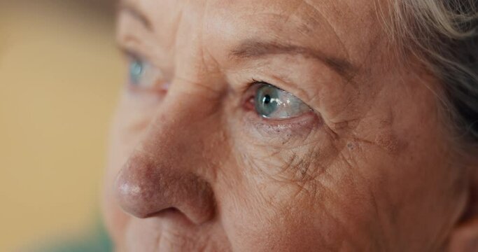 Eyes, thinking and senior woman at nursing home with fear, stress or worry, grief or depression closeup. Anxiety, face and elderly lady sad with nostalgia, doubt or dementia, memory loss or Alzheimer