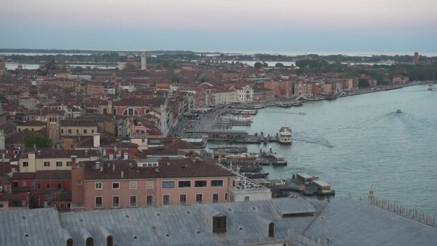 An aerial image of the Italian coast in the city of Venice. A coastal town next to the sea, a city beach