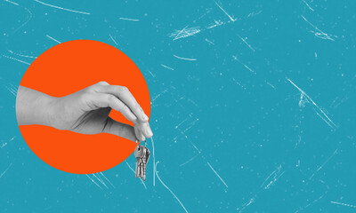 A large businessman gives the key to the house on blue background with copy space.