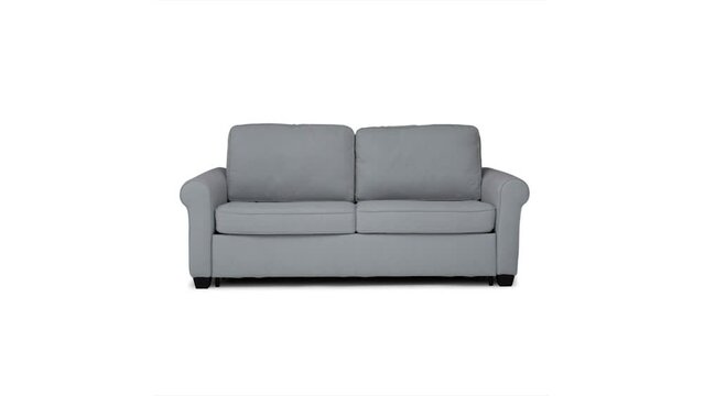 A stop motion repeating looped time-lapse shot of a white background grey fold out hide a bed furniture sofa couch love seat.