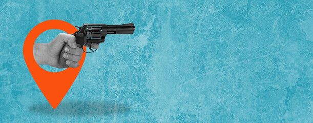 Art collage, modern design, hand with gun on blue background.