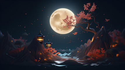 Mid Autumn Festival Chinese lantern, cherry blossoms, and full moon. Modern style design. Concept for traditional Asian holiday card, poster, banner. Generative AI