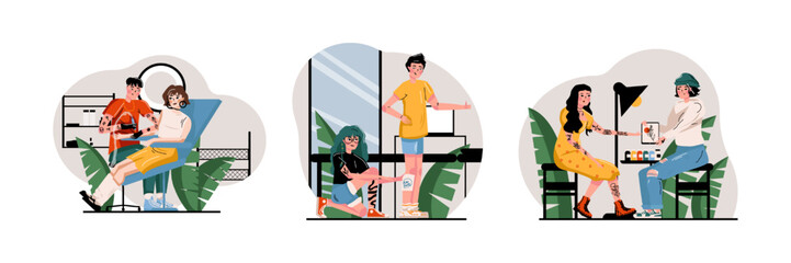 Set of different clients come to tattoo salon. Man sitting in salon, master making tattoo on his hand. Woman making sketch on leg. Concept of tattoo lovers. Flat vector illustration