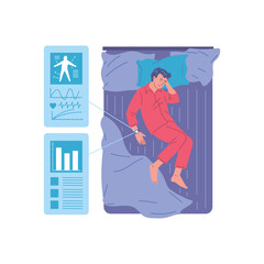 Sleeping man in bed top view flat style, vector illustration