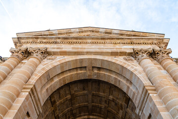 Fototapeta na wymiar Low angle view of entrance portico to the Zamora Cathedral.