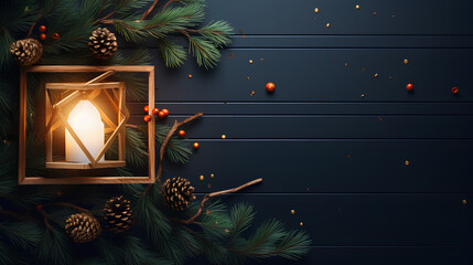 Christmas tree branches with fir cones, gold stars and beads on dark wooden background. Frame, berries, and lanterns. Christmas and New Year's atmosphere.  Generative AI