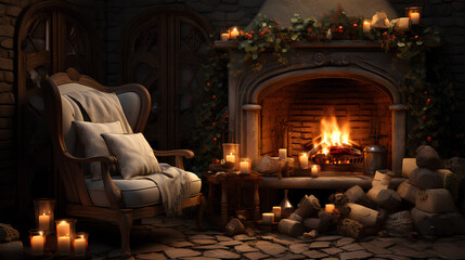Obraz na płótnie Canvas Christmas background with fireplace and armchair. Cozy warm atmosphere for the New Year and Christmas. Generative AI