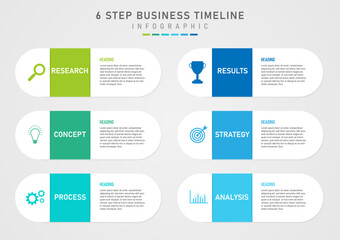 Simple infographic template 6 steps business plan for success White rounded square with multicolored squares in the middle with white letters on the left icon right letter gray gradient background