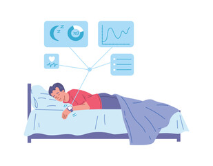 Sleeping boy with smart bracelet on hand flat style, vector illustration