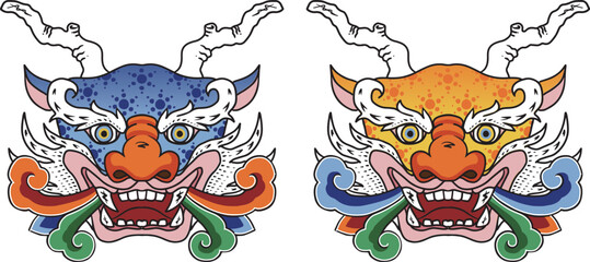 Obraz premium oriental blue dragon&yellow dragon's head