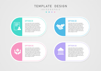 infographic template design  4 step options business multi colored white rounded squares Left multicolored semicircles and icons letters on a white background in the middle gray gradient background