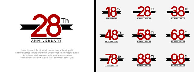 set of anniversary logo flat red color number and black ribbon on white background for celebration