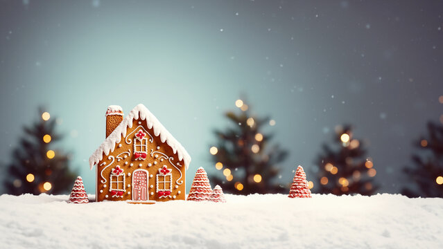 Lebkuchenhaus mit wundersch&ouml;nen Hintergrund Dekoration mit glitzerlichter und Bokeh als Druckvorlage und Werbemittel, ai generativ