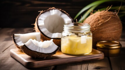 Fototapeta na wymiar coconut and coconut oil with wooden board