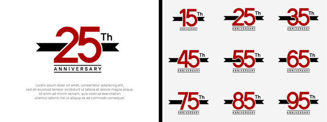 set of anniversary logo flat red color number and black ribbon on white background for celebration