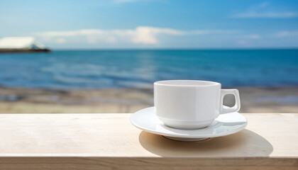 White coffee cup on shelf with blurred sea beach background