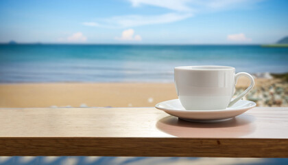 White coffee cup on shelf with blurred sea beach background